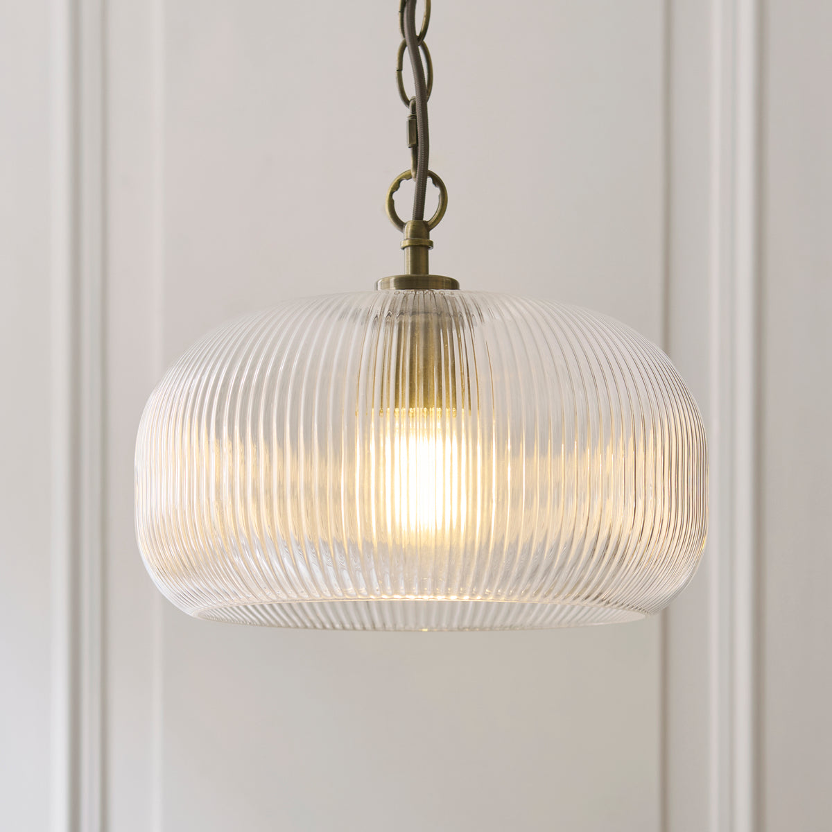 Harborne Antique Brass & Ribbed Glass Pendant Ceiling Light