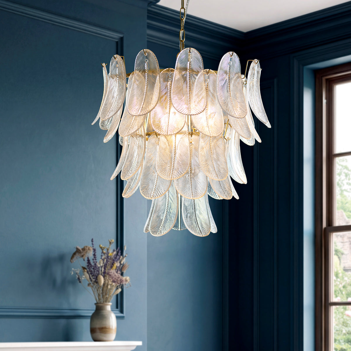 Autumn 4 Light Aged Brass & Glass Leaf Pendant Ceiling Light