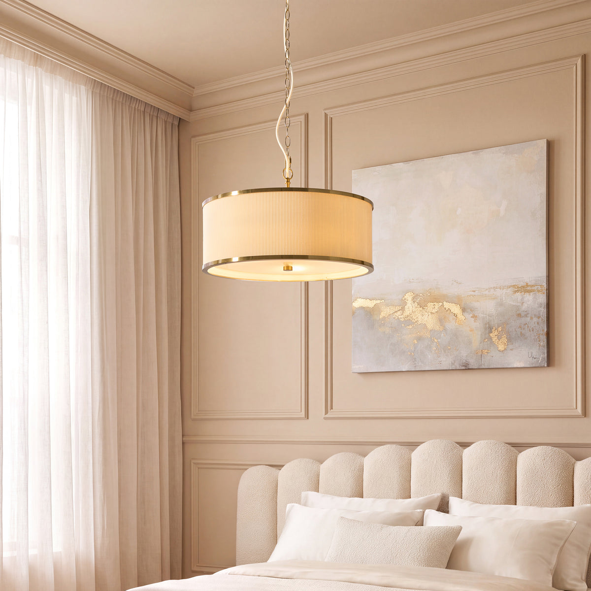Lexi 3 Light Ivory Pleated & Aged Brass Pendant Ceiling Light