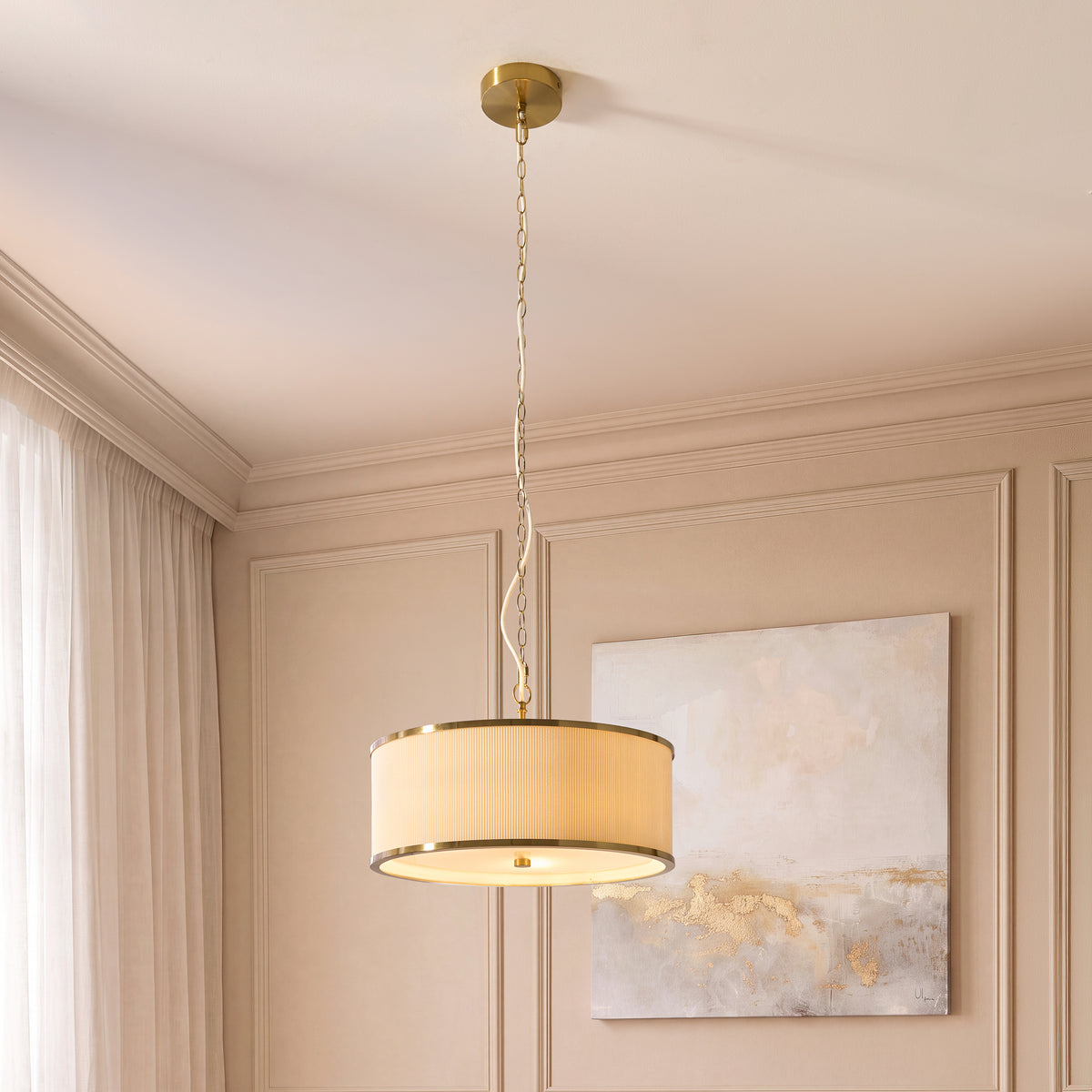 Lexi 3 Light Ivory Pleated & Aged Brass Pendant Ceiling Light