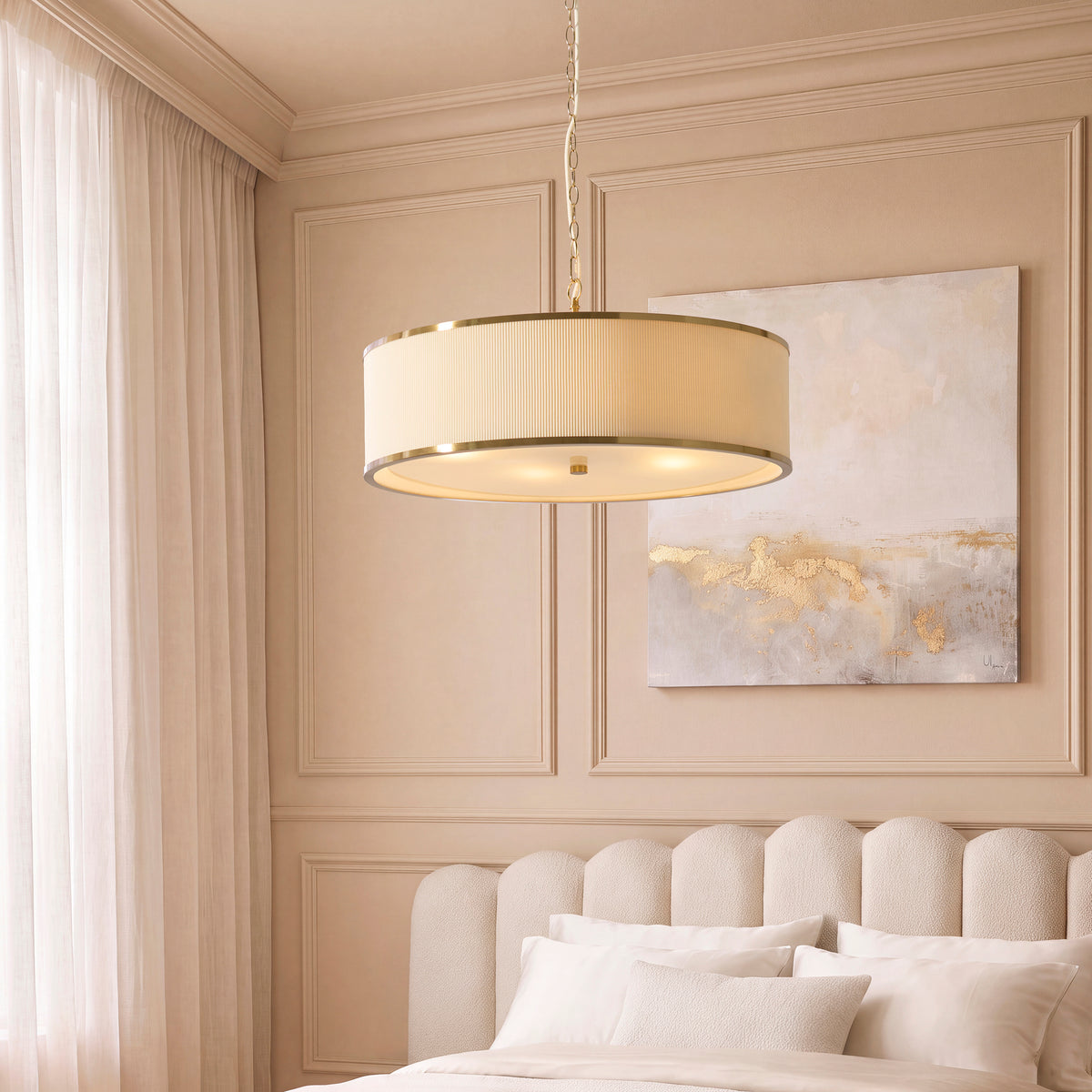 Lexi 5 Light Ivory Pleated & Aged Brass Pendant Ceiling Light