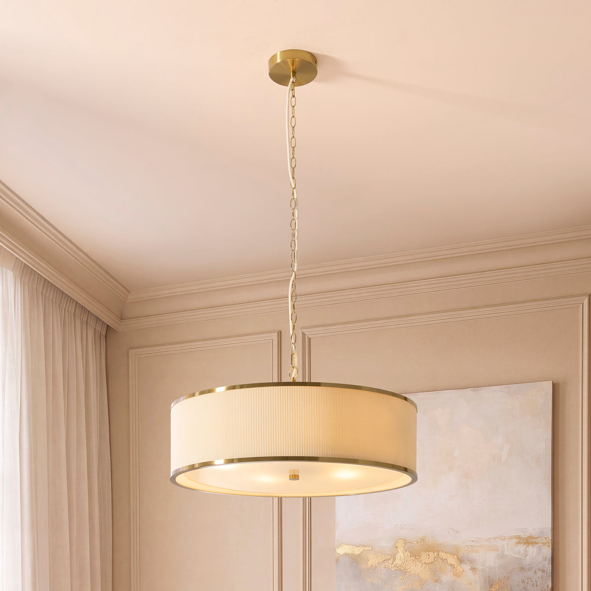 Lexi 5 Light Ivory Pleated & Aged Brass Pendant Ceiling Light
