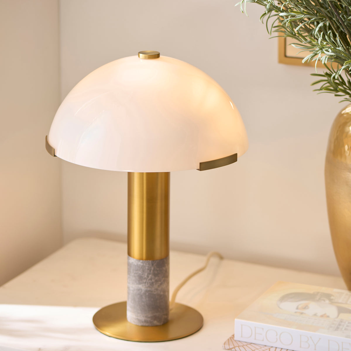 Hansel Warm Brass & Grey Marble Opal Glass Table Lamp