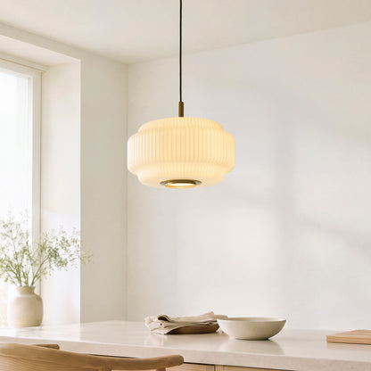 Evora Large Aged Brass & Opal Ribbed Glass Pendant Ceiling Light