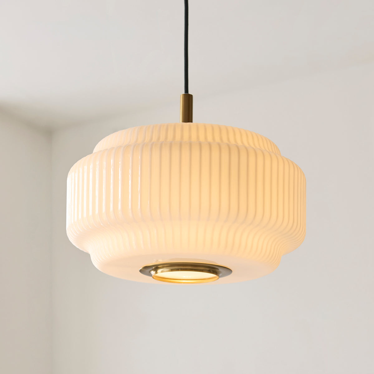 Evora Large Aged Brass & Opal Ribbed Glass Pendant Ceiling Light