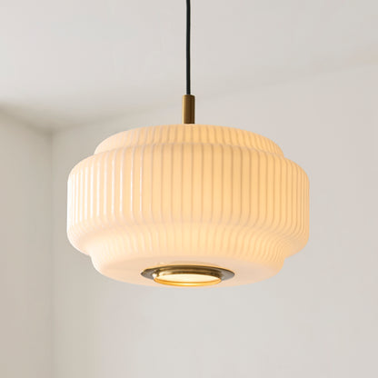 Evora Large Aged Brass & Opal Ribbed Glass Pendant Ceiling Light