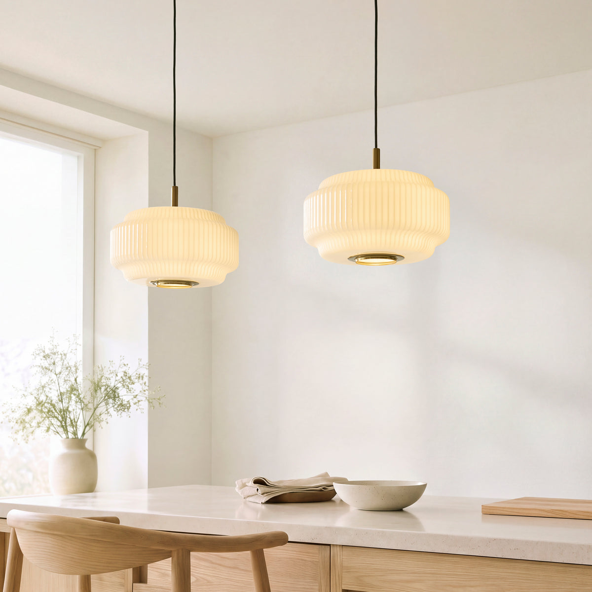 Evora Large Aged Brass & Opal Ribbed Glass Pendant Ceiling Light
