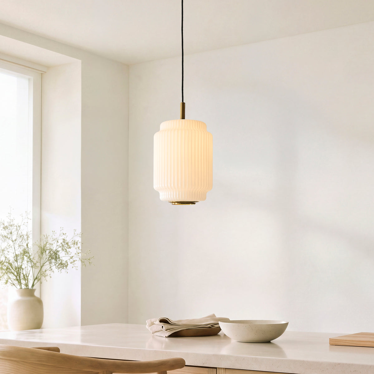 Evora Small Aged Brass & Opal Ribbed Glass Pendant Ceiling Light