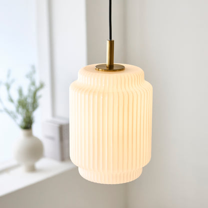 Evora Small Aged Brass & Opal Ribbed Glass Pendant Ceiling Light