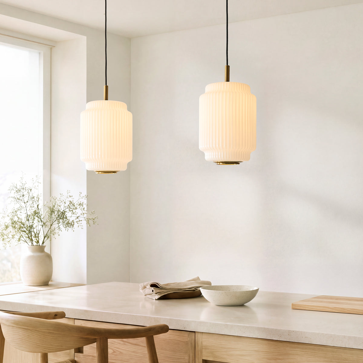 Evora Small Aged Brass & Opal Ribbed Glass Pendant Ceiling Light
