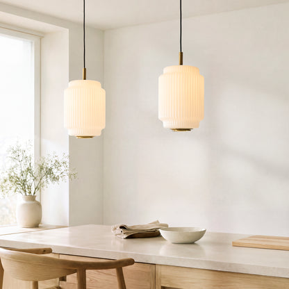 Evora Small Aged Brass & Opal Ribbed Glass Pendant Ceiling Light