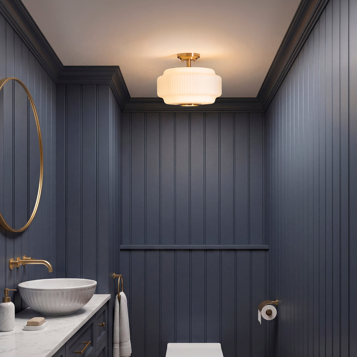 Evora Aged Brass & Opal Ribbed Glass Flush Ceiling Light