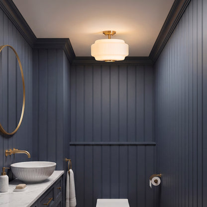 Evora Aged Brass & Opal Ribbed Glass Flush Ceiling Light