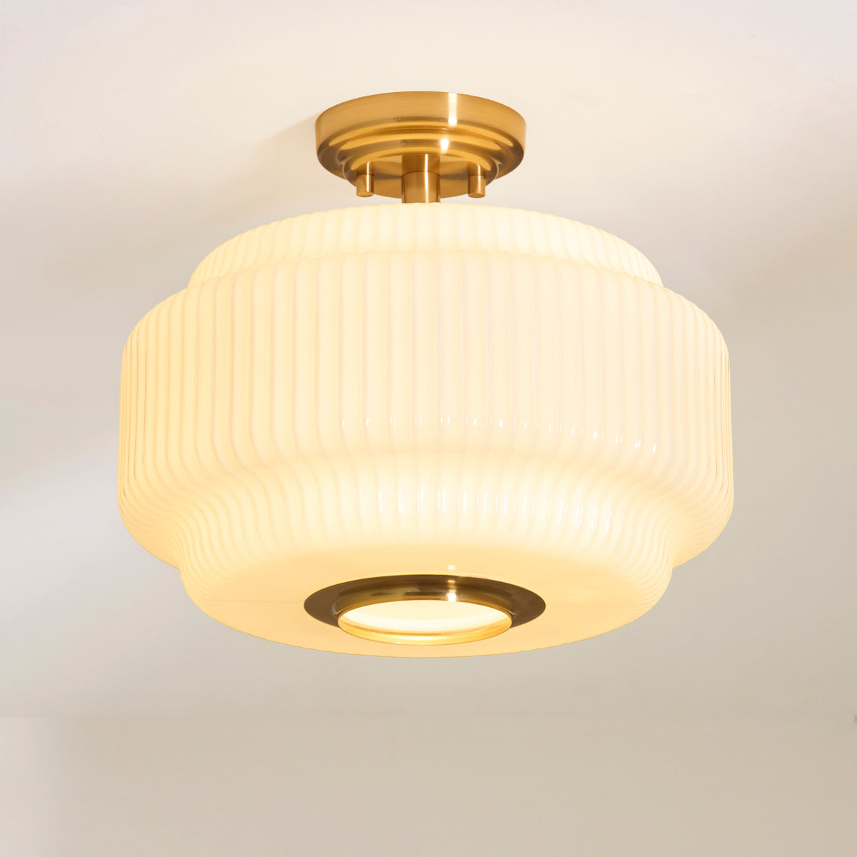 Evora Aged Brass & Opal Ribbed Glass Flush Ceiling Light