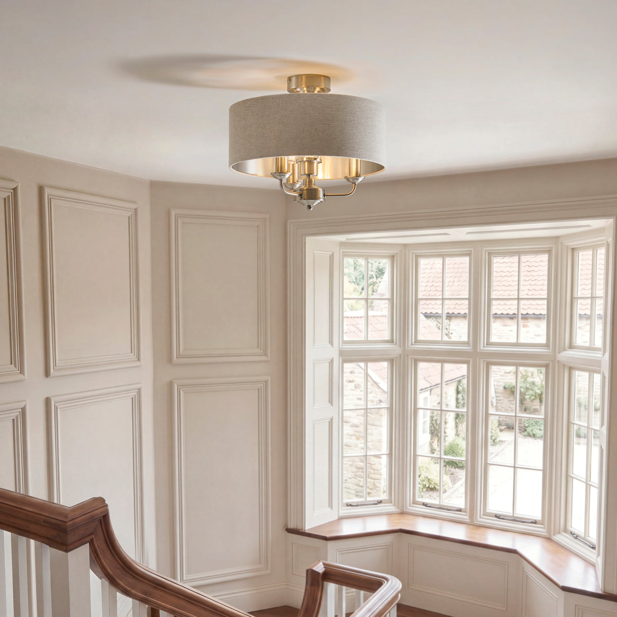 Highclere 3 Light Brushed Chrome & Linen Flush Ceiling Light
