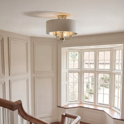 Highclere 3 Light Brushed Chrome & Linen Flush Ceiling Light