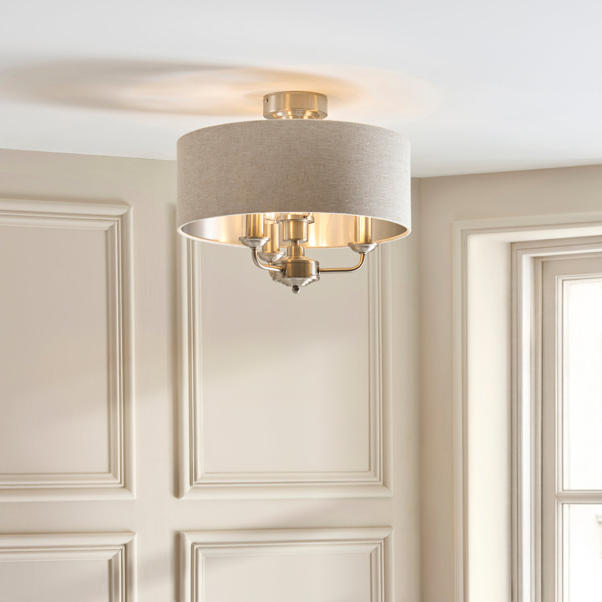 Highclere 3 Light Brushed Chrome & Linen Flush Ceiling Light