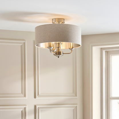 Highclere 3 Light Brushed Chrome & Linen Flush Ceiling Light