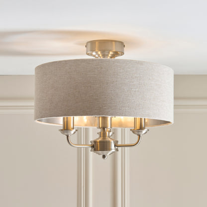 Highclere 3 Light Brushed Chrome & Linen Flush Ceiling Light