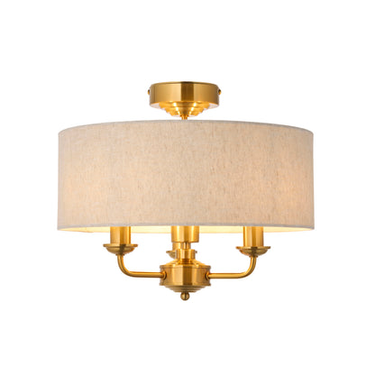 Highclere 3 Light Vintage Brass & Linen Flush Ceiling Light