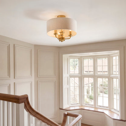 Highclere 3 Light Vintage Brass & Linen Flush Ceiling Light