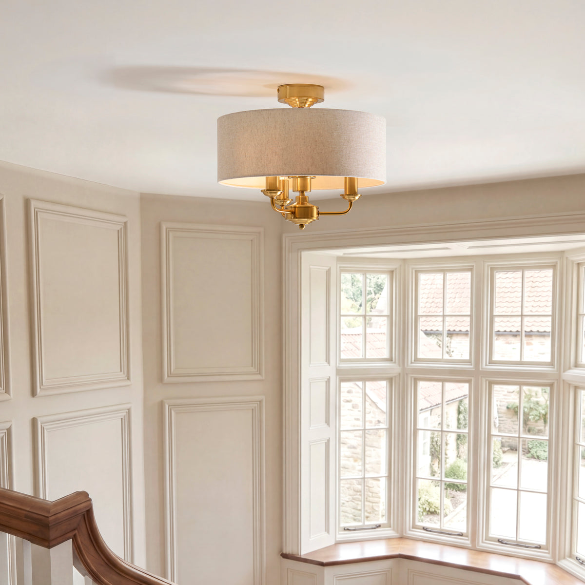 Highclere 3 Light Vintage Brass & Linen Flush Ceiling Light