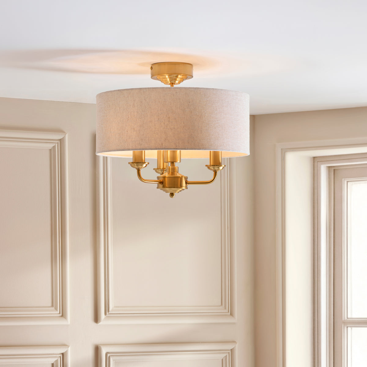 Highclere 3 Light Vintage Brass & Linen Flush Ceiling Light