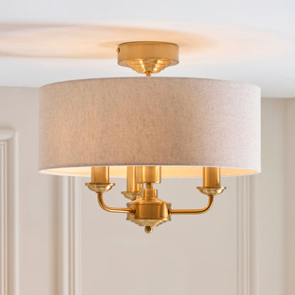 Highclere 3 Light Vintage Brass & Linen Flush Ceiling Light