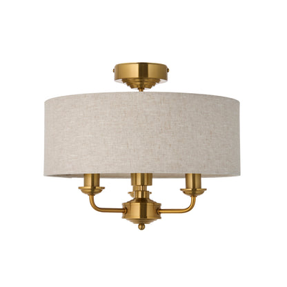 Highclere 3 Light Vintage Brass & Linen Flush Ceiling Light