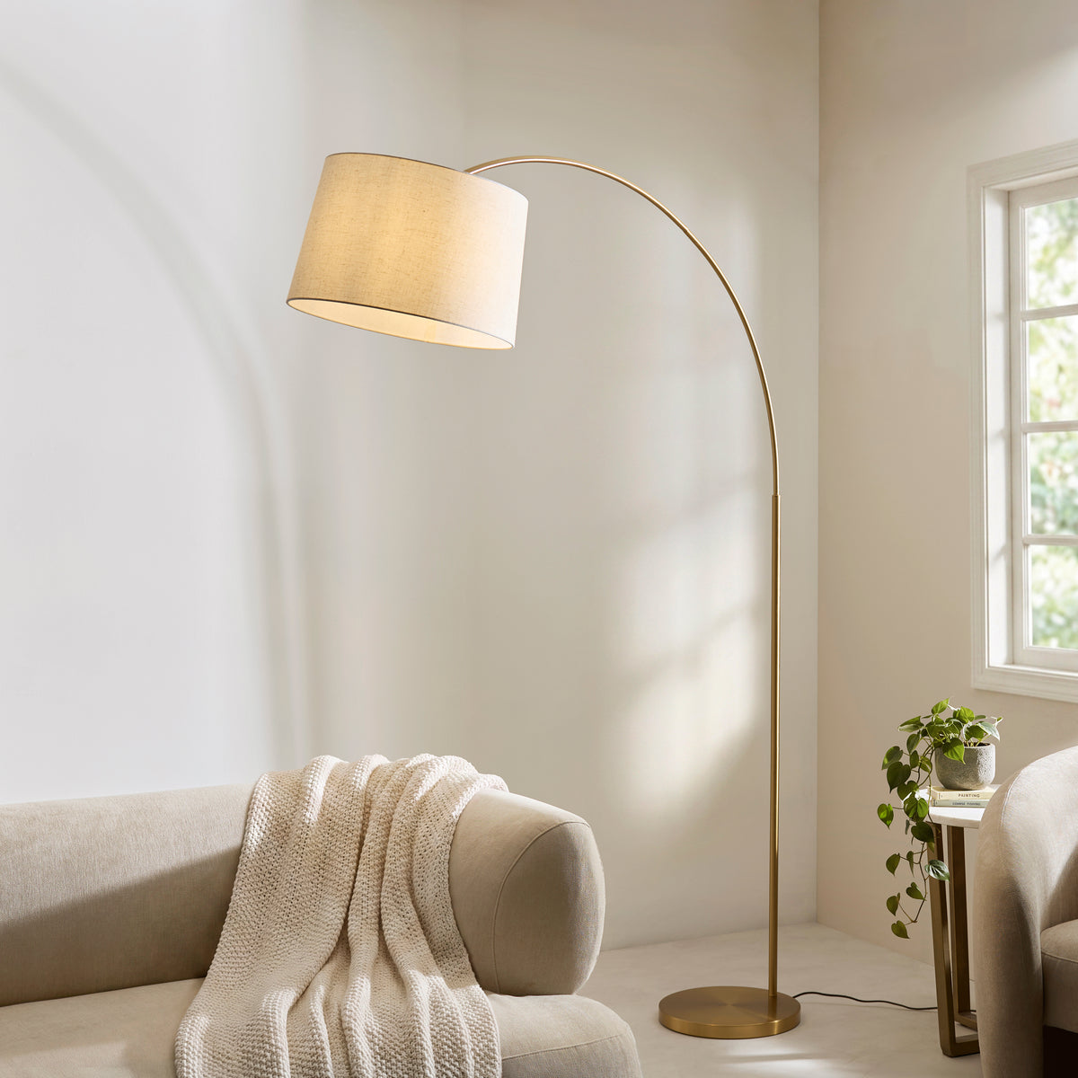 Carlson XL Warm Brass Arc Floor Lamp with Natural Shade