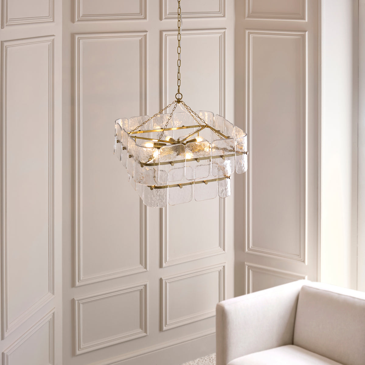 Venice 6 Light Aged Brass & Textured Glass Pendant Ceiling Light