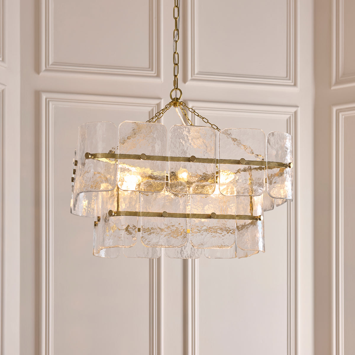 Venice 6 Light Aged Brass & Textured Glass Pendant Ceiling Light