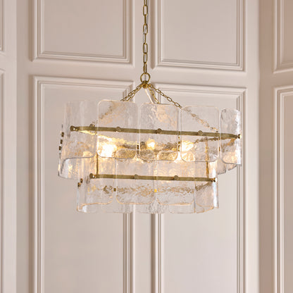 Venice 6 Light Aged Brass & Textured Glass Pendant Ceiling Light