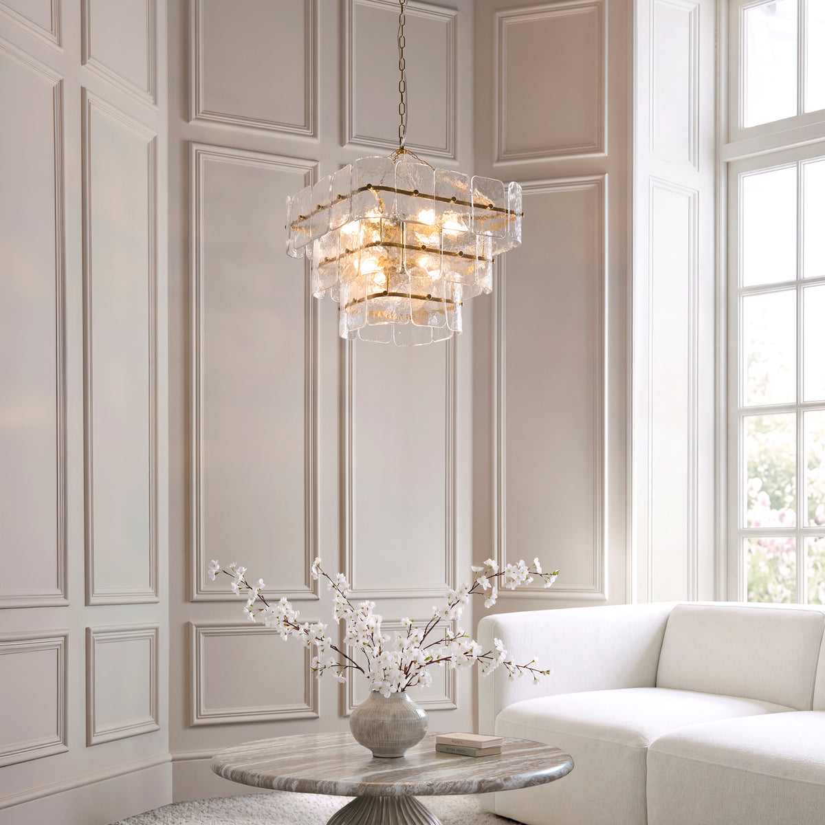 Venice 10 Light Aged Brass & Textured Glass Pendant Ceiling Light