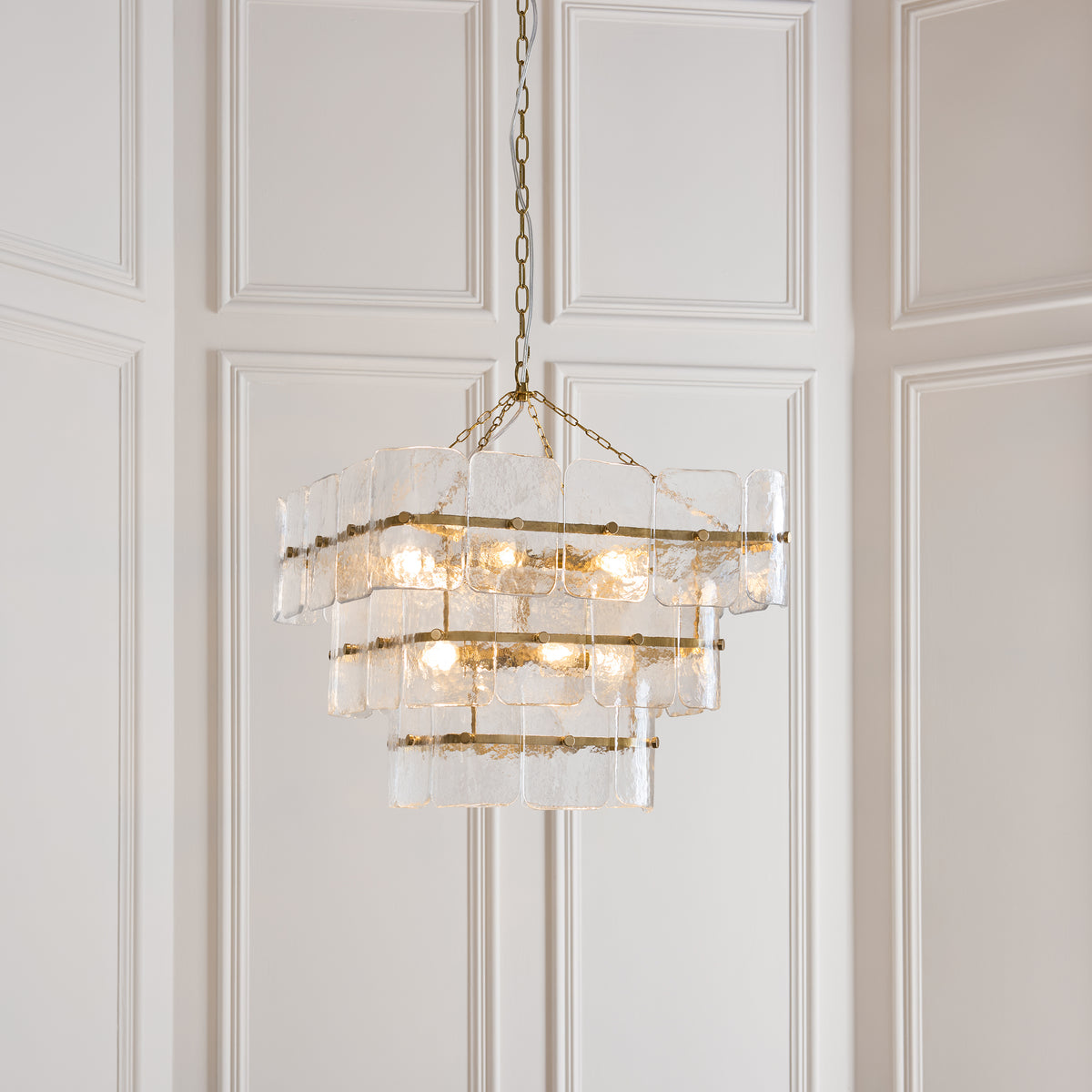 Venice 10 Light Aged Brass & Textured Glass Pendant Ceiling Light