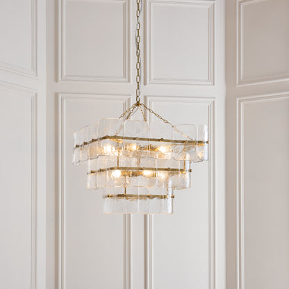 Venice 10 Light Aged Brass & Textured Glass Pendant Ceiling Light