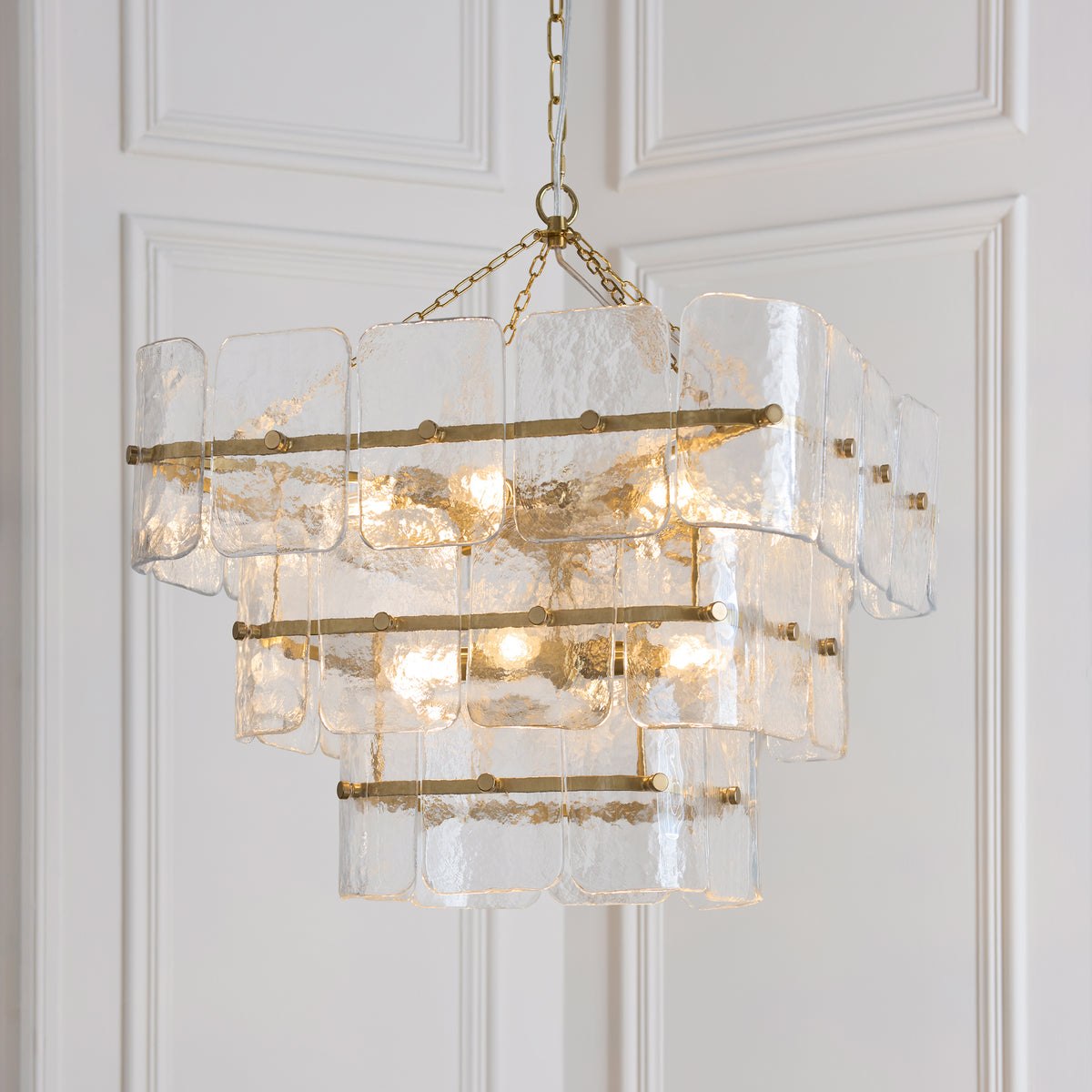 Venice 10 Light Aged Brass & Textured Glass Pendant Ceiling Light