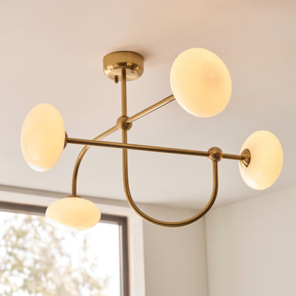 Ottowa 4 Light Aged Brass & Opal Glass Semi-Flush Ceiling Light