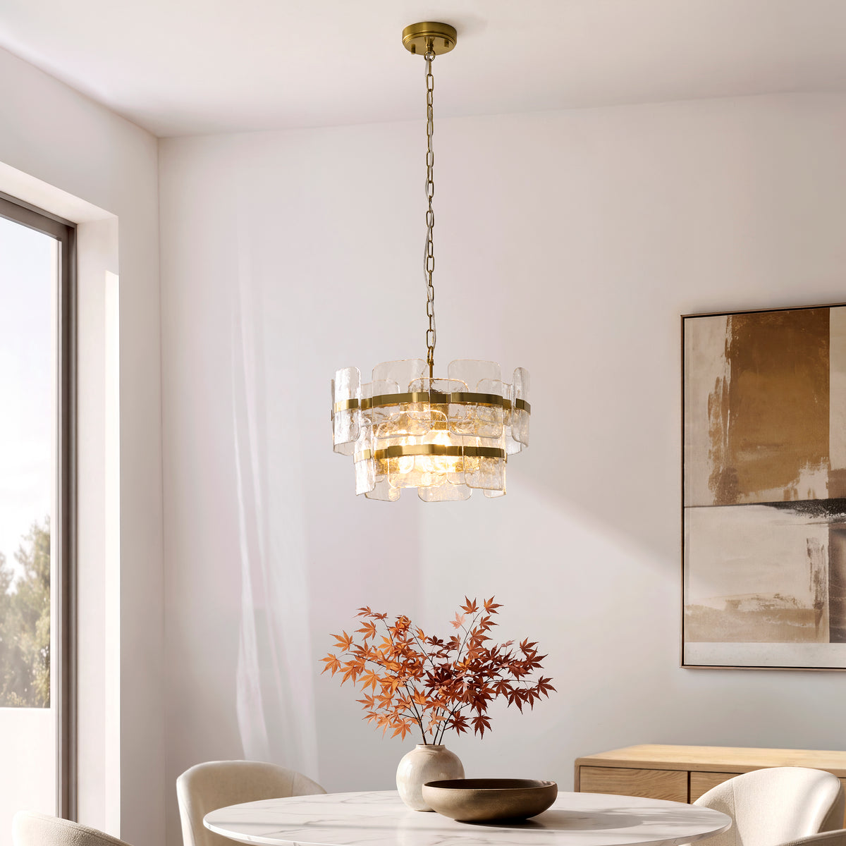 Ancara 3 Light Aged Brass & Textured Glass Pendant Ceiling Light