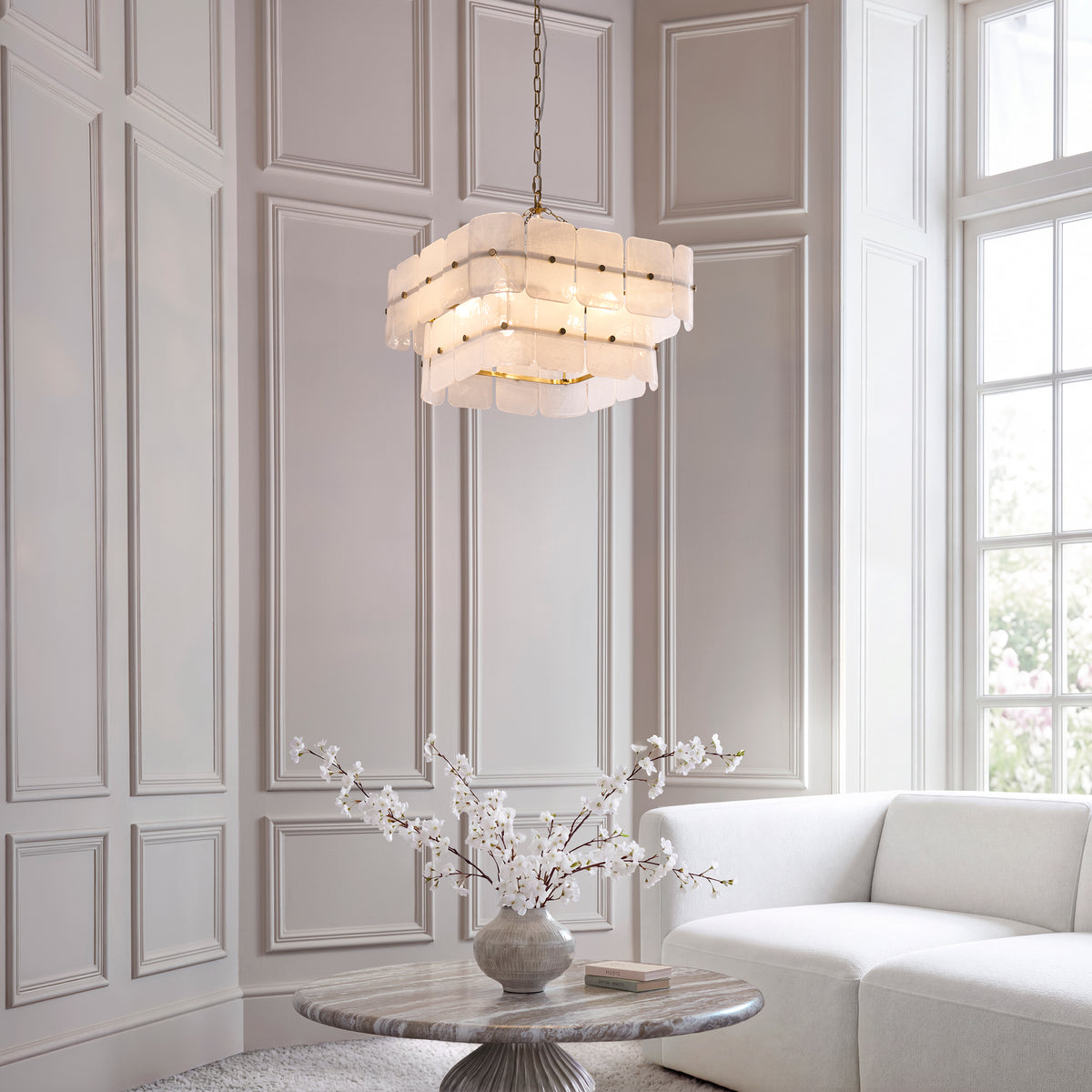 Venice 6 Light Aged Brass & White Glass Pendant Ceiling Light