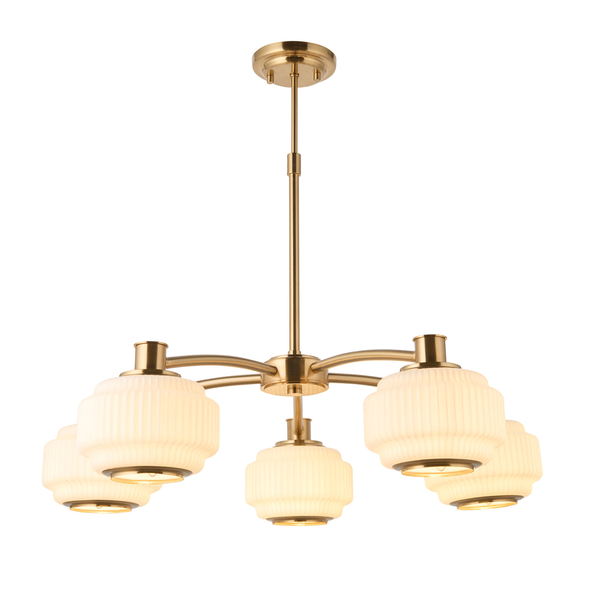 Evora 5 Light Aged Brass & Opal Ribbed Glass Pendant Ceiling Light