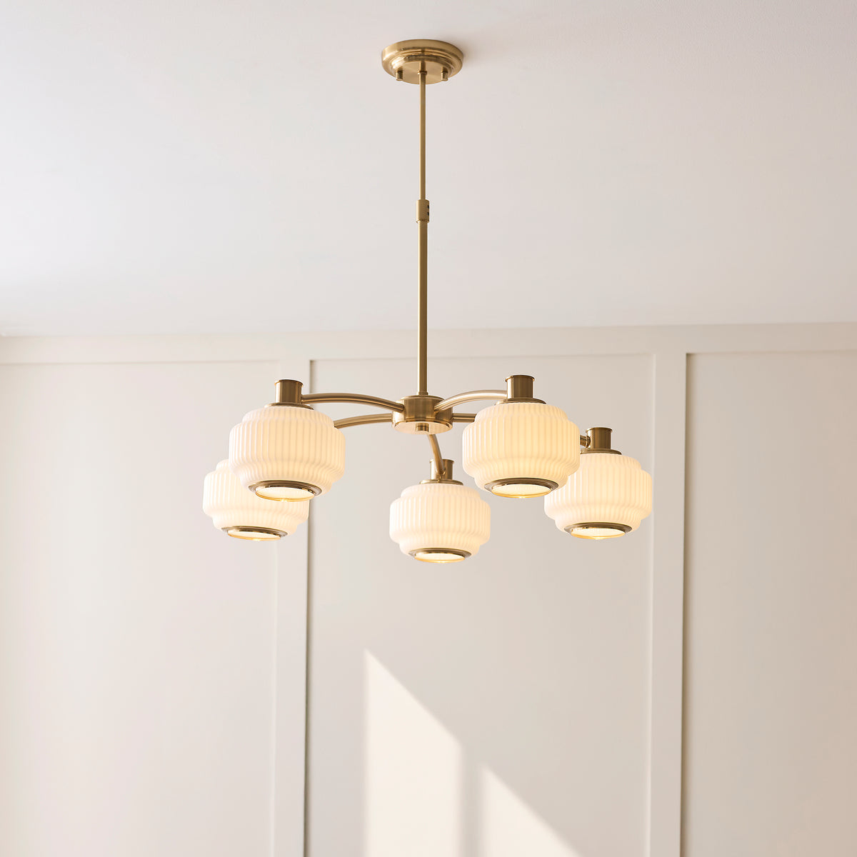 Evora 5 Light Aged Brass & Opal Ribbed Glass Pendant Ceiling Light