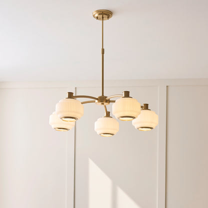 Evora 5 Light Aged Brass & Opal Ribbed Glass Pendant Ceiling Light