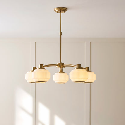 Evora 5 Light Aged Brass & Opal Ribbed Glass Pendant Ceiling Light