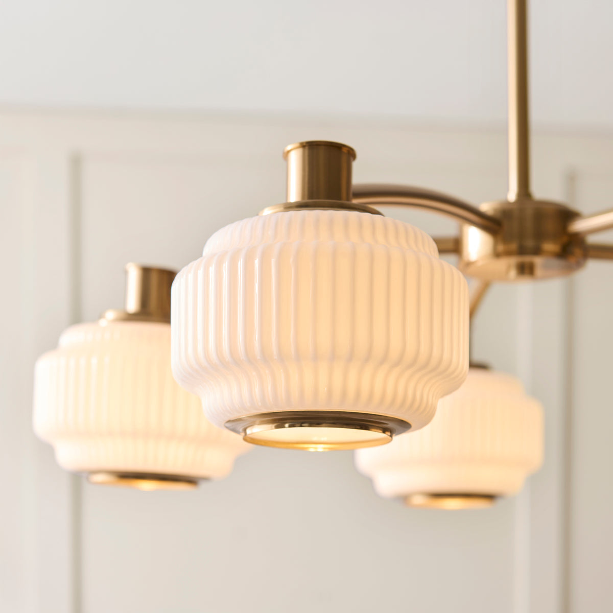 Evora 5 Light Aged Brass & Opal Ribbed Glass Pendant Ceiling Light
