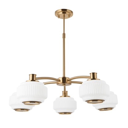 Evora 5 Light Aged Brass & Opal Ribbed Glass Pendant Ceiling Light