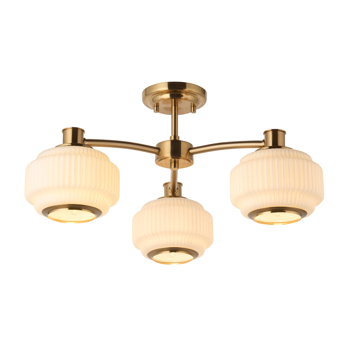 Evora 3 Light Aged Brass & Opal Ribbed Glass Semi-Flush Ceiling Light