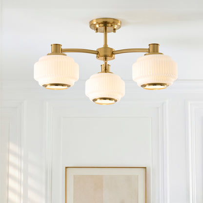 Evora 3 Light Aged Brass & Opal Ribbed Glass Semi-Flush Ceiling Light