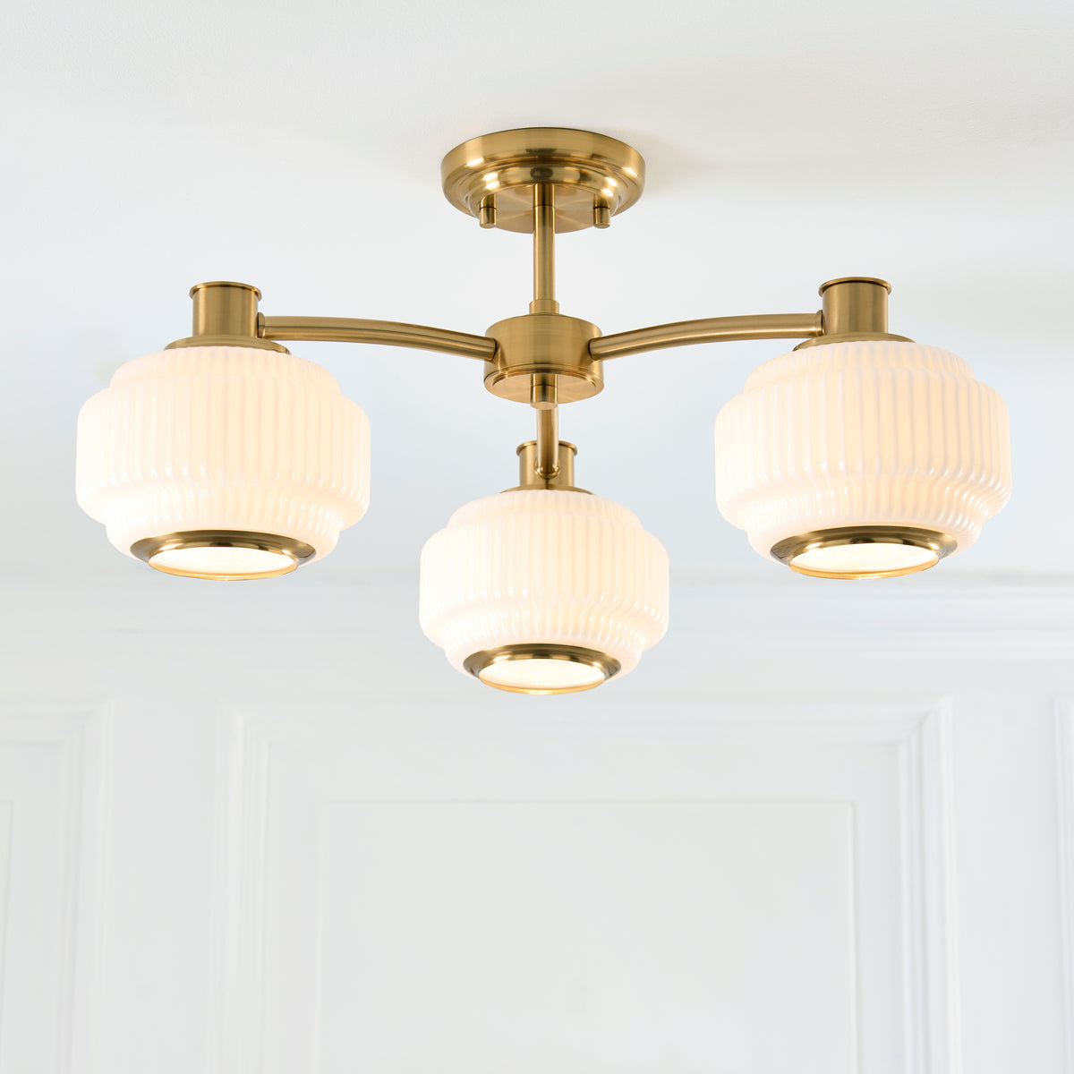 Evora 3 Light Aged Brass & Opal Ribbed Glass Semi-Flush Ceiling Light