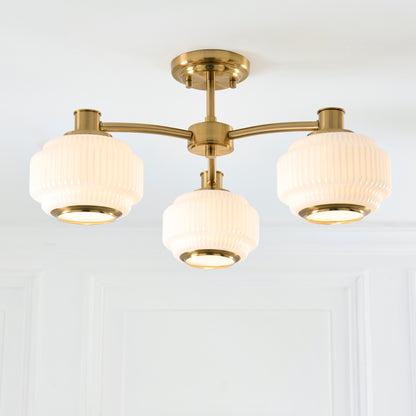 Evora 3 Light Aged Brass & Opal Ribbed Glass Semi-Flush Ceiling Light